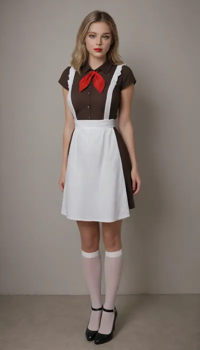 Woman 25 years old, tall, slim figure, big breasts, pretty face, blonde, long square, red lips, blue eyes, Soviet school uniform 1980, ((dark brown dress, white big direct apron, High apron with cables)), pioneer tie, white stockings, red high-heeled shoes, school class, super realism, high quality picture, high definition detail, suxl, pionyrs, shirt, neckerchief, skirt, sash, badge, <lora:suxl:1.6>, <lora:Classroom_SDXL_r1:.6>, <lora:pionyrka:.1>, <lora:EnvyZoomSliderXL01:1.4>