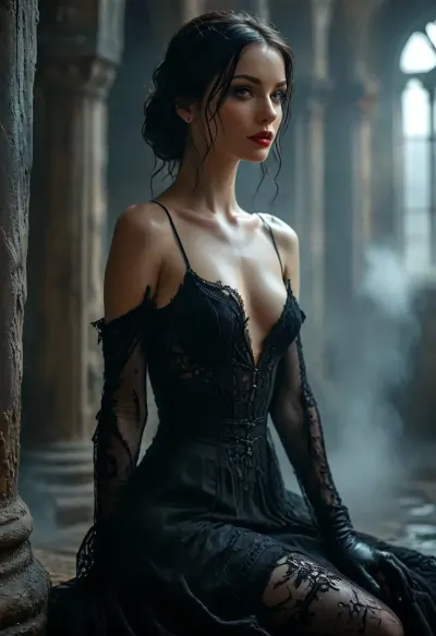 (Dark Fantasy Artwork), (smooth rendering:1), artistic, low angle, 40 yo, striking belle caucasian female, slender, kneeling, dimly lit Gothic stone chamber filled with thick swirling fog, she has long straight wet-look black hair cascading down her shoulders, pale skin, serious and intense, sharp eyeliner, dark lipstick, she wears a simple black spaghetti-strap dress, paired, intricate elbow-length black lace gloves, her hands resting gracefully in her lap, shadowy background, abandoned cathedral, ancient indoor stone hall with high arched ceilings, soft and cool lighting, ghostly and melancholic atmosphere, high-fashion gothic aesthetic, natural beauty, /KlTTY-ART/, <lora:COMFYUI_mimic_landscape_-_XL_SDXL v2.0:.1>, <lora:attractive_notrigger:.1>, <lora:MJ52:.1>, <lora:flat_chested_v3.5:.1>