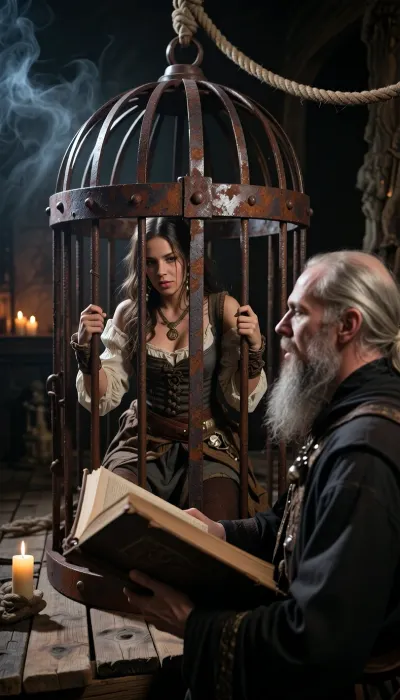 Photorealistic dark medieval fantasy, a large rusted steel cage with a rough wooden floor hangs from a thick rope near the ceiling, above the alchemist’s head. Inside, a 28-year-old pirate woman in weathered historical attire kneels on the wooden planks. Her hands grip the rusted bars as she looks down. Below, the gaunt alchemist, pale, with a long beard, in dark robes, holds a large leather-bound book, gazing upward at her. Dramatic low-key lighting, deep shadows, amber candlelight, drifting smoke, intense facial detail, shallow depth of field, 35 mm lens, atmospheric mystery.