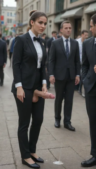 People are watching a 35-year-old beautiful futanari woman with an erect black and pink horse penis and black saggy big testicles, dressed in a pantsuit and stilettos, masturbating in the crowded lobby of a busy bank, horse penis, people, stern expression, dressed people around look in shock, cum pouring profusely, orgasm on the face, in full height, bank.

High realism and detail, 8K, masterpiece, orgasmface, <lora:orgasmface_SDXL:.8>