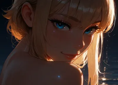 1girl, standing in the ocean at the beach. Chest deep water, Kelli, ______1girl, smiling, naked shoulders, side view, head focus, detailed face, big innocent eyes, looking at viewer, naughty face, blushing, dark background, (incase:.8), masterwork, masterpiece, best quality, high detailed, light through hair, very aesthetic, 8k, flash on the girl., backlight, edge lighting. 1girl, solo, bangs, eye, focus, close-up, sparkle, looking, at, viewer, glowing, eyelashes, <lora:MJ52:1.7>, <lora:dark:.9>, <lora:Jeweled eyes-NAI:.8>, <lora:BUT_SDXL_SHS:1.7>, <lora:attractive_notrigger:1.6>