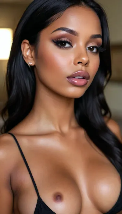 (1woman), 28 years old, ((curvy body)), Close-up girl, latin woman, curvy, ((dark skin)), ((round face)), (((brown skin))), (((full lips))), lavanda lipstick, closed mouth, lipgloss, small cute nose, standing, face, (((round medium breasts))), (((straight long black hair))), (((oiled skin))), (detailed black eyes), (((slut makeup))), ., (((not looking the camera))), nose earring, round earrings, (high resolution image), (perfect face), sexy, beauty, (ultra realistic:1.7), (maximum quality:1.5), (high resolution:1.7), (extreme detail:1.5), (ultra realism:1.6), 8k, he, photo was taken by Canon Eos, (maximum detailed skin:1.6), (((I was offended))), melanin, <lora:BUT_SDXL_SHS:.8>, <lora:melanin-XL:2>