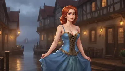 (one woman, Mirabelle Monet from Oblivion, french, mature 50 year old, ginger hair, small breasts, slightly chubby), (outside medieval small seaside inn by the docks, dark rainy evening), (wearing sky blue dress with brown laced bodice corset), (hands on hips), (artwork, digital painting, fantasy art, loading screen art style), <lora:LegendDarkFantasy-000001:.5>, <lora:SumTim:.1>, <lora:SDXLSamDoesArts:.1>