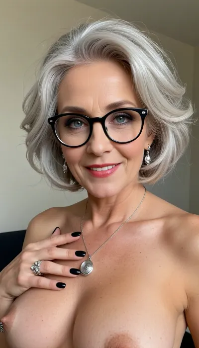 (Photorealistic portrait:60), year old woman, beautiful 60-year-old woman with short, voluminous silver-white bouffant hair styled in a sleek, refined cut with soft layered texture. It has full, rounded volume on top and crown, giving a gently lifted, elegant silhouette. The sides are neatly tapered and smooth, lying close to her jawline. Hair has a luminous silvery sheen, appearing healthy and soft with subtle natural highlights catching the light, polished yet naturally soft texture — neat and sophisticated with gentle movement. Black round glasses with silver accents, soft grey eyeshadow, red lipstick. Silver drop earrings, silver pendant necklace, multiple silver rings. Named Joanna, she has bright, clear grey-blue eyes that stand out vividly, accentuated with dark eyeliner, large pupils, (natural beauty:1.2), english roots, perfect slutty makeup, manicure, glossy black fingernails, She has expression lines and fine wrinkles under her eyes. Her body is gently wrinkled, with a generous, sagging bust with prominent nipples and soft buttocks. Warm friendly smile, soft indoor lighting, plain light wall background, natural lifelike details.