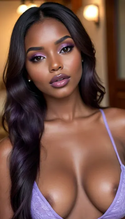 (1woman), 28 years old, ((curvy body)), Close-up girl, latin woman, curvy, ((dark skin)), ((round face)), (((brown skin))), (((full lips))), lavanda lipstick, closed mouth, lipgloss, small cute nose, standing, face, (((round medium breasts))), (((straight long lavanda hair))), (((oiled skin))), (detailed black eyes), (((slut makeup))), long big thick, (high resolution image), (perfect face), sexy, beauty, (ultra realistic:1.7), (maximum quality:1.5), (high resolution:1.7), (extreme detail:1.5), (ultra realism:1.6), 8k, he, photo was taken by Canon Eos, (maximum detailed skin:1.6), (((I was offended))), melanin, <lora:BUT_SDXL_SHS:.8>, <lora:melanin-XL:2>