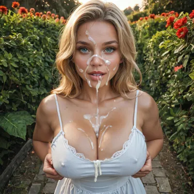 Garden, sunny, sunset, woman, 20 years old, blonde hair, blue eyes, pretty face, cheekbones, (huge:1.8), tits, sundress, (cum facial:1.5), cum on face, cum on big tits, squeezing her own tits, presenting her tits, woman holding and squeezing her own breasts, pov, view from above