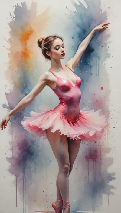 The image is a expressive watercolor painting of woman ballerina, wet-on-wet technique, soft pigment bleeding, translucent color washes, visible cold-pressed watercolor paper grain, delicate ink outlines, loose natural brushstrokes, muted pastel palette, (A painting, (watercolour:1.6), wide rough brush strokes), painting is of a stunningly beautiful young woman in her early 20s. She is wearing an extremely tight, hot pink silk ballerina leotard with a deep plunging V-neck that reveals her large, round, firm augmented breasts and deep cleavage. A short, sheer, ruffled pink tulle tutu is attached at her waist. She is in mid dance, ((Woman is roughly painted)), Colorsplash, <lora:SDXLPaintSplash:.8>