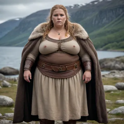 An extremely obese, very large and heavyset Scandinavian Viking woman warrior, with a clearly visible massive plus-size body and extremely broad, wide silhouette. She is morbidly obese, with a very large waist, wide hips, large arms, thick legs, and a massive body shape. Her extreme obesity must be clearly visible despite her clothing and fur garments. She is a powerful, imposing obese warrior, not slim, not average weight, not athletic, not muscular.

Full body seen entirely from behind, standing on the rocky shore of a dramatic Nordic fjord, looking toward the distant horizon.

Ancient Scandinavian landscape, steep mountains surrounding the fjord, dark cold water, dramatic Nordic sky, natural overcast light, subtle mist in the distance. No modern objects, no modern buildings, no fantasy elements. Historically accurate Viking Age atmosphere, archaeological authenticity, realistic clothing construction and materials.

She wears an authentic Viking Age bear pelt over her shoulders, but her massive obese body remains clearly visible. The bear pelt is worn as a short shoulder mantle and does not hide her large body shape. She wears historically accurate wool and linen clothing fitted to her extremely large body.

Cinematic composition, professional historical photography, ultra-realistic, photorealistic, extremely detailed skin and fabric textures, natural body proportions, realistic anatomy, realistic lighting, atmospheric depth, documentary style, high-end professional photography, 8k, sharp focus, subtle filmic color grading.