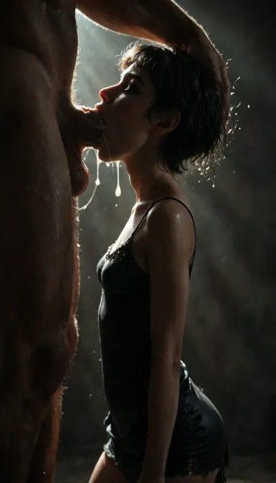 cute face woman, pixie short black hair, green eyes, very skinny body, gothic makeup, small natural breasts, (nylon black mini dress:1.2), gigant muscular naked man, (extreme giant penis:1.2), size difference, deepthroat, throat bulge, rough, cum strings, very shiny wet and oiled skins, heigh detailed face, ((close up, facing viewer)), ((badroom background)), cinematic blue filter, cinamatic blue lighting, volumetric lighting, cinematic composition, highly detailed tanned skin texture, photorealistic, intricate details, vivid colors, deep shadows.heavy lighting, extreme shiny skin and clothing, detailxl, <lora:dark:.2>, <lora:LCMTurboMix_Euler_A_fix:1.1>, <lora:M05_Intensify:.8>