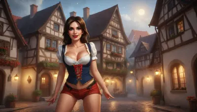 (one woman, mature 40 year old, brunette, sensual smile, red lips, small breasts, dancing sexy striptease), (wearing oktoberfest clothes, pulled down exposing breasts), (medieval german town, half-timbered houses with white walls and black roofs, people in background), evening, close view, (artwork, digital painting, fantasy art, loading screen art style), <lora:SDXLSamDoesArts:.1>, <lora:SumTim:.1>, <lora:Sinister_Style_SDXL:.1>