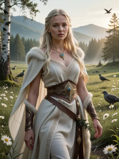 A cinematic, mythologically grounded genderbent depiction of Baldr from Norse mythology as an unmistakably female Norse goddess of light, beauty, purity, peace, and divine grace. She stands in a serene Nordic landscape during the soft golden light of early morning, surrounded by pale wildflowers, silver birch, green meadows, and distant mist-covered mountains. The atmosphere feels sacred, calm, luminous, and almost untouched by violence.

She is a breathtakingly beautiful young woman with a graceful athletic build, fair Nordic skin, long pale golden-blonde hair, clear light-colored eyes, and a serene compassionate expression. Her beauty should feel divine and radiant rather than glamorous or seductive, as though natural light itself gathers around her.

She wears elegant historically inspired Norse clothing made from finely woven pale wool, linen, soft leather, and subtle fur trim, decorated with delicate Scandinavian embroidery and restrained gold or bronze ornaments. Her garments are noble and ceremonial without resembling modern fantasy armor. A light cloak moves gently in the breeze.

A soft natural radiance surrounds her, illuminating the nearby grass and flowers without becoming an exaggerated magical glow. Birds and woodland animals remain calm in her presence, reinforcing her association with peace and universal love among the gods. Her posture is open, composed, and quietly regal.

Include a very subtle symbolic reference to her fate, a small sprig of mistletoe growing nearby or held unobtrusively within the composition, easy to overlook at first glance, creating a faint sense of tragedy beneath the otherwise peaceful image. It should never dominate the scene.

Emphasize that this is explicitly a female incarnation of Baldr while preserving the deity’s associations with beauty, goodness, innocence, light, harmony, and tragic destiny. Norse mythology, ancient Scandinavian atmosphere, mythological realism, cinematic composition, soft natural lighting, realistic anatomy, realistic hands, detailed face, historically inspired textiles and jewelry, subtle divine radiance, highly detailed, photorealistic.