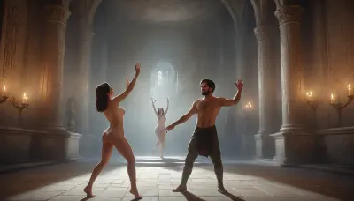 (woman and man dancing naked), (clothed people in background), (medieval temple, silver walls), very close side view above waist, (artwork, digital painting, fantasy art, loading screen art style), <lora:SDXLSamDoesArts:.1>, <lora:SumTim:.1>, <lora:Sinister_Style_SDXL:.1>
