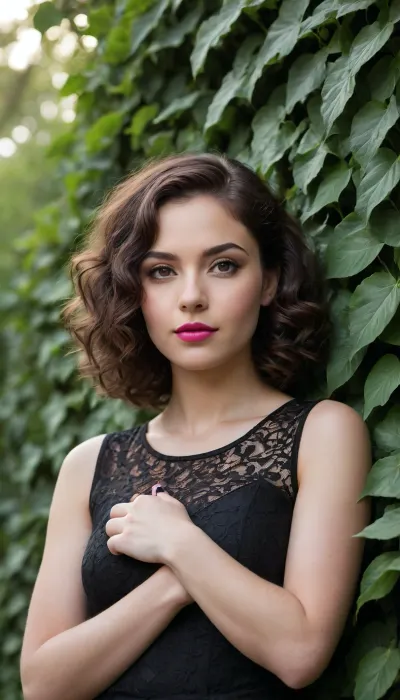 The image features a young woman posing outdoors amidst lush greenery. She is positioned to the right of the frame, with the left side dominated by a dense cluster of variegated ivy leaves. The leaves exhibit a mix of deep green and creamy white markings, creating a visually striking texture. The woman has dark, curly hair styled loosely, framing her face. Her makeup is noticeable, with bold eyeliner and bright pink lipstick. She is wearing a black, sleeveless top with a high, lace-detailed neckline. The lace pattern is intricate and dark, contrasting with the solid fabric of the rest of the top. Her right arm is slightly extended, resting near the ivy, and she wears a dark bracelet and a bright yellow square-shaped bracelet on her left wrist.

The background is softly focused, suggesting a garden setting. There are more green plants, including some bushes or small trees, and hints of colorful flowers in shades of pink and orange. The overall color palette is a blend of natural greens and whites from the foliage, the woman's dark attire, her vibrant makeup, and the subtle hues of the background flowers. The lighting appears soft, possibly from an overcast day or late afternoon, casting a warm, slightly diffused glow over the scene. The composition places the woman slightly off-center, with the overwhelming presence of the ivy on the left providing a natural frame and a sense of depth. The image has a slightly vintage or artistic filter applied, giving it a soft, warm, and somewhat desaturated appearance, particularly in the background and sky areas which appear a light beige. The focus is primarily on the woman and the immediate foliage, with the background serving as a complementary element to the subject.