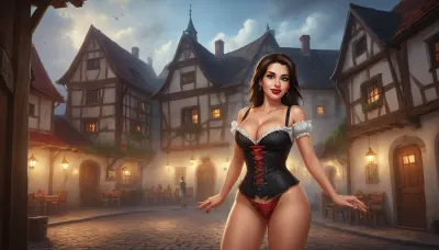 (one woman, mature 40 year old, brunette, sensual smile, red lips, dancing sexy striptease), (wearing skimpy tavern corset pulled down exposing breasts), (medieval german town, half-timbered houses with white walls and black roofs, people in background, oktoberfest), evening, close side view, (artwork, digital painting, fantasy art, loading screen art style), <lora:SDXLSamDoesArts:.1>, <lora:SumTim:.1>, <lora:Sinister_Style_SDXL:.1>