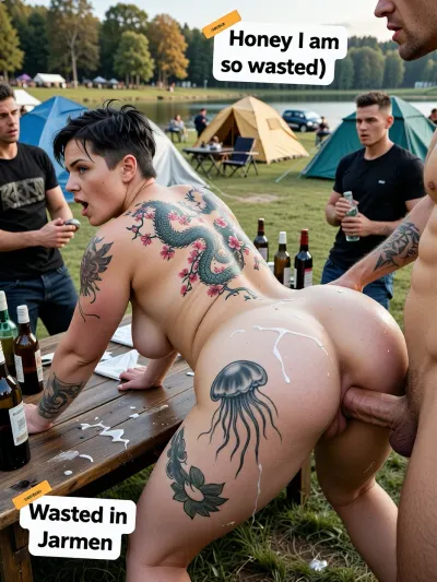 Warm oktober afternoon light, gangbang party on a huge public camping area, 47 year old hotwife bending over wooden bench, very messy black pixie cut hair, iceblue eyes, moaning, white skin, obese body, (enormous fat body:2.8), ((beautifull big rounded tits)), seductive woman, huge mom belly, huge sweaty love handles, drunk, used look after ours of sex, abused, exhausted, cum stains on the grass, cums stains all over her enormous belly, huge tattoo on her back looks like a chinese dragon in a flowering cherry tree, huge tattoo on her hips looks like a jellyfish, very shy, feel unsecure, ((muscular latin man fucking her from behind:1.5)), doggystyle position, she is extremely beautiful, ((front view slightly to the side)), full body view, ((sex:1.3)), ((kindly)), (((big beautifull tits))), naked, ((he is holding her back down against wooden bench:1.7)), ((her mouth is open, moaning:1.3)), there are multiple bootles of beer and wine around, muscular man, 40-years-old, tattooed skin, horny expression, big cock, enormous thick cock, massive thick cock, ((cum dripping from pussy)), huge veiny cock, she is surprised, ((affraid)), huge cock visibly enters her ass, Several men standing around them, stroking their hard cocks while waiting and watching them, cuckold is watching them, a lot of tents and people in the background, a lake is in the far background Generate a text box in the upper center, "Honey i am so wasted", Generate a second text box in the lower left corner, "Wasted in Jarmen"