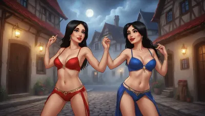 (two women, french, mature 50 year old, blonde and black hair, sensual smiles, red lips, small breasts, dancing sexy striptease), (wearing skimpy bellydancing outfits, red and blue), (medieval german town, half-timbered houses with white walls and black roofs, people in background), evening, close view, (artwork, digital painting, fantasy art, loading screen art style), <lora:SDXLSamDoesArts:.1>, <lora:SumTim:.1>, <lora:Sinister_Style_SDXL:.1>