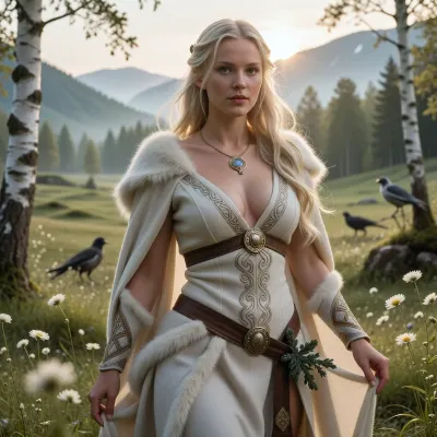A cinematic, mythologically grounded genderbent depiction of Baldr from Norse mythology as an unmistakably female Norse goddess of light, beauty, purity, peace, and divine grace. She stands in a serene Nordic landscape during the soft golden light of early morning, surrounded by pale wildflowers, silver birch, green meadows, and distant mist-covered mountains. The atmosphere feels sacred, calm, luminous, and almost untouched by violence.

She is a breathtakingly beautiful young woman with a graceful busty athletic build, fair Nordic skin, long pale golden-blonde hair, clear light-colored eyes, and a serene compassionate expression. Her beauty should feel divine and radiant rather than glamorous or seductive, as though natural light itself gathers around her.

She wears elegant historically inspired Norse clothing made from finely woven pale wool, linen, soft leather, and subtle fur trim, decorated with delicate Scandinavian embroidery and restrained gold or bronze ornaments. Her garments are noble and ceremonial without resembling modern fantasy armor, with a deep cleavage. A light cloak moves gently in the breeze.

A soft natural radiance surrounds her, illuminating the nearby grass and flowers without becoming an exaggerated magical glow. Birds and woodland animals remain calm in her presence, reinforcing her association with peace and universal love among the gods. Her posture is open, composed, and quietly regal.

Include a very subtle symbolic reference to her fate, a small sprig of mistletoe growing nearby or held unobtrusively within the composition, easy to overlook at first glance, creating a faint sense of tragedy beneath the otherwise peaceful image. It should never dominate the scene.

Emphasize that this is explicitly a female incarnation of Baldr while preserving the deity’s associations with beauty, goodness, innocence, light, harmony, and tragic destiny. Norse mythology, ancient Scandinavian atmosphere, mythological realism, cinematic composition, soft natural lighting, realistic anatomy, realistic hands, detailed face, historically inspired textiles and jewelry, subtle divine radiance, highly detailed, photorealistic.