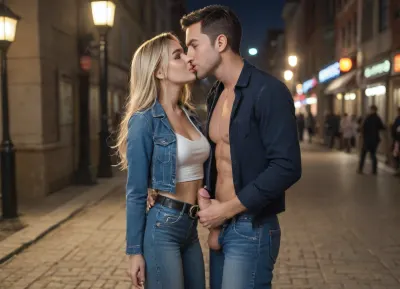 couple, 25 years, male and female, sexy, both wearing denim jacket blue intense with very long sleeves and long tight jeans with belt, kiss and handjob, female tits visible, male penis visible, female very long blonde silky hair with long extensions, male short redhair, women grab male penis and masturbate, night-time, dark, streetlights, nightime, moonlight, <lora:looking_at_viewer:.8>