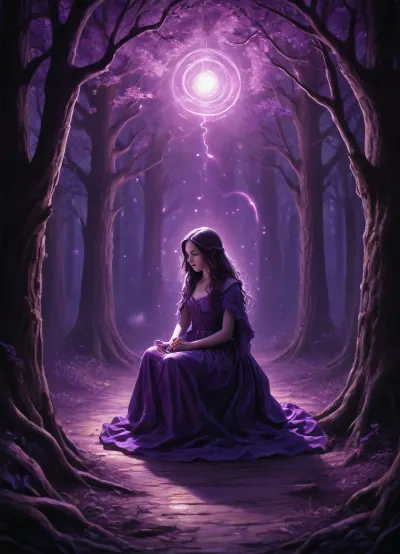 inkwork, mysterious dark fantasy, whimsical illustration, brilliant purple unhinged light painting
