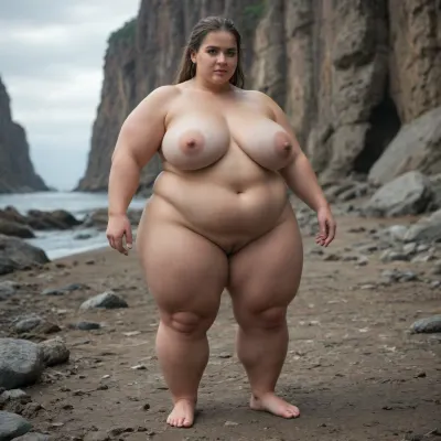 3/4 face, An extremely obese, very large and heavyset Scandinavian Viking woman warrior nude, with a clearly visible massive plus-size body and extremely broad, wide silhouette. She is morbidly obese, with a very large waist, wide hips, large arms, thick legs, and a massive body shape. Her extreme obesity must be clearly visible. She is a powerful, imposing obese warrior, not slim, not average weight, not athletic, not muscular.“extremely obese” + “massive plus-size body” + “morbidly obese”

Full body seen entirely, standing on the rocky shore of a dramatic Nordic fjord, looking toward the distant horizon.

Ancient Scandinavian landscape, steep mountains surrounding the fjord, dark cold water, dramatic Nordic sky, natural overcast light, subtle mist in the distance. No modern objects, no modern buildings, no fantasy elements. Historically accurate Viking Age atmosphere, archaeological authenticity.

She is nude, her massive obese body remains clearly visible.

Cinematic composition, professional historical photography, ultra-realistic, photorealistic, extremely detailed skin and fabric textures, natural body proportions, realistic anatomy, realistic lighting, atmospheric depth, documentary style, high-end professional photography, 8k, sharp focus, subtle filmic color grading.