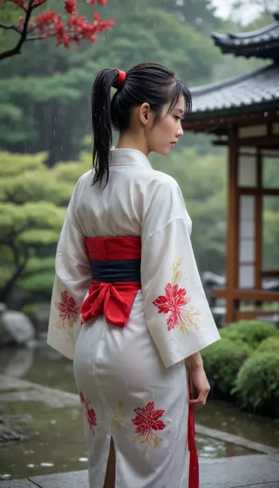 ultra realistic full body photo of a young Japanese woman photographed from behind, whole body in frame. She wears a very thin white yukata with red and navy floral print, gold obi at back. The yukata is soaked by rain and clings tightly to her body, the thin translucent fabric clearly showing the bare skin of her back and shoulders through the wet cloth, skin tone visible beneath. Only her face turns over her shoulder toward the camera. Black hair in a high ponytail with red ribbon, slender figure B85 W55 H70. Rainy Japanese garden blurred behind, falling rain, soft grey light. Full body, RAW photo, photorealistic