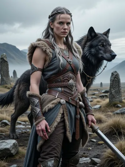 A cinematic, mythologically grounded genderbent depiction of Týr from Norse mythology as an unmistakably female Norse goddess of war, courage, justice, law, oaths, duty, and heroic sacrifice.

She is a tall, powerful, athletic Scandinavian woman with a stern noble face, fair weathered skin, long ash-blonde hair partly braided in historically inspired Norse fashion, and clear cold gray-blue eyes. Her expression is calm, disciplined, and fearless rather than aggressive — the expression of someone who understands the cost of duty and accepts it willingly.

Most importantly, she has only one hand. One arm ends below the wrist in an old, completely healed amputation, representing the hand sacrificed when the gods bound the great wolf Fenrir. The missing hand must be clearly visible and intentional, not hidden by framing or clothing. No gore, no fresh wound.

She stands upon a bleak rocky Scandinavian landscape beneath a cold overcast sky, with distant mountains, windswept grass, ancient standing stones, and low mist. Beside her or looming subtly in the background is Fenrir, an enormous mythological wolf with dark coarse fur and an intelligent, dangerous presence. The wolf should feel primordial and terrifying rather than monstrous or demonic.

Fenrir is restrained by Gleipnir, the impossibly thin magical binding forged by the dwarfs. Gleipnir should appear deceptively delicate — like a narrow silken ribbon or slender cord — contrasting dramatically with the colossal power of the wolf it restrains. Avoid conventional heavy chains.

Týr wears historically inspired Viking-age warrior clothing, layered wool and linen garments, weathered leather, practical fur, restrained bronze or iron fittings, a heavy cloak, and functional protection appropriate to a Norse warrior. Her equipment should look authentic, worn, and practical rather than like ornate high-fantasy armor. She carries a spear or sword in her remaining hand, held calmly rather than raised dramatically.

Subtle carved runes and ancient law-stones may appear within the landscape, emphasizing her association with oaths, lawful order, and sacred obligation. Her presence should convey absolute integrity, and controlled martial strength rather than bloodlust.

The central theme is sacrifice for the greater good, Týr knowingly surrendered her own hand so that Fenrir could be bound. Emphasize the contrast between the enormous dangerous wolf, the fragile-looking Gleipnir, and the composed one-handed goddess who paid the price for the gods’ deception.

Explicitly female incarnation of Týr, Norse mythology, heroic sacrifice, oath keeping, disciplined warrior goddess, ancient Scandinavian atmosphere, mythological realism, cinematic composition, realistic anatomy, realistic one-handed anatomy, detailed face, historically inspired textiles and equipment, natural materials, cold dramatic lighting, highly detailed, photorealistic.