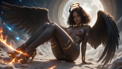 Sexy female angel, space, solo angel, (the angel has white devil horns.), flame, fire, (((the angel has Deep Black skin with Gold stripes.))), (the angel has two different hair colors.), Angel Has curly hair, very large Deep Black wings, nude, with a wide open pussy, the angel has many big tattoos., full body view, the angel inserts a dildo into her pussy, The angel cum and squirts from her pussy, uncensored, <lora:HV_orientation_Rainbow_Lips:.8>