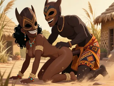 high-quality hentai 2D flat illustration, Japan anime for adults .Hentai-style. Hand-drawn 2D style, flat cell shading, flat color fills, cel-style color blocking, limited tonal gradients, traditional 2D animation style. Ultra detailed depiction. a beautiful big-titted Black woman and a Black man fucking together, their bodies caught in fluid mid-motion. Both wear huge traditional African mask carved from thick wood, fully covering their faces. The masks are bold and towering, carved from dark wood with sharp geometric patterns, painted smiling lips, carved black eyes. The black woman is on her fours, her back arched, her 2 hands on the ground . The man is behind her, his posture strong and confident, hand resting on her waist, guiding her movement. He is fucking her from behind with his dick. Their black skin catching the light with every curve of muscle. The man wear draped traditional West African fabric, the fabric pieces are separated by his open cock and testicles, bold patterned textiles in warm earth tones with intricate geometric prints, leaving his arms, shoulders, and midriffs bare. . The black dark-skin woman is naked with a supermodel body and very big tits, kinky black hair. Around their wrists and ankles are woven straw and beaded ornaments that sway with their movement. Behind them is a warm, sunlit village scene, with woven huts, tall grass, and soft golden light suggesting late afternoon. sand dust is lightly kicked up around their feet and knees, . The color palette is rich and warm, dominated by ochre, terracotta, and deep browns, with vivid accents from the fabric patterns. Bright natural daylight, vivid warm colors, .