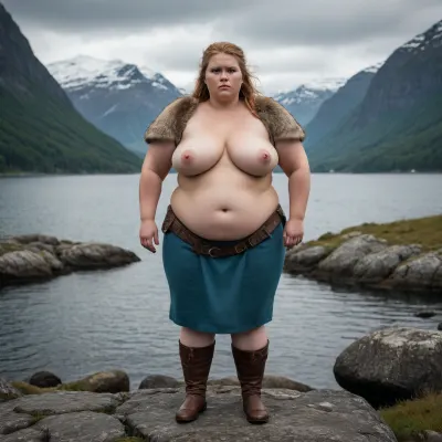 An extremely obese, very large and heavyset Scandinavian Viking woman warrior, with a clearly visible massive plus-size body and extremely broad, wide silhouette. She is morbidly obese, with a very large waist, wide hips, large arms, thick legs, and a massive body shape. Her extreme obesity must be clearly visible. She is a powerful, imposing obese warrior, not slim, not average weight, not athletic, not muscular.“extremely obese” + “massive plus-size body” + “morbidly obese” + “clearly visible despite clothing”

Full body seen entirely, standing on the rocky shore of a dramatic Nordic fjord, looking toward the distant horizon.

Ancient Scandinavian landscape, steep mountains surrounding the fjord, dark cold water, dramatic Nordic sky, natural overcast light, subtle mist in the distance. No modern objects, no modern buildings, no fantasy elements. Historically accurate Viking Age atmosphere, archaeological authenticity.

She wears only a fur mini mini mini skirt and a tight bra, but her massive obese body remains clearly visible. The bear pelt is worn as a mini skirt and mini bra and does not hide her large body shape. She wears historically accurate wool and linen clothing squizzing her extremely large body.

Cinematic composition, professional historical photography, ultra-realistic, photorealistic, extremely detailed skin and fabric textures, natural body proportions, realistic anatomy, realistic lighting, atmospheric depth, documentary style, high-end professional photography, 8k, sharp focus, subtle filmic color grading.