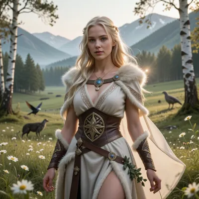 A cinematic, mythologically grounded genderbent depiction of Baldr from Norse mythology as an unmistakably female Norse goddess of light, beauty, purity, peace, and divine grace. She stands in a serene Nordic landscape during the soft golden light of early morning, surrounded by pale wildflowers, silver birch, green meadows, and distant mist-covered mountains. The atmosphere feels sacred, calm, luminous, and almost untouched by violence.

She is a breathtakingly beautiful young woman with a graceful athletic build, fair Nordic skin, long pale golden-blonde hair, clear light-colored eyes, and a serene compassionate expression. Her beauty should feel divine and radiant rather than glamorous or seductive, as though natural light itself gathers around her.

She wears elegant historically inspired Norse clothing made from finely woven pale wool, linen, soft leather, and subtle fur trim, decorated with delicate Scandinavian embroidery and restrained gold or bronze ornaments. Her garments are noble and ceremonial without resembling modern fantasy armor. A light cloak moves gently in the breeze.

A soft natural radiance surrounds her, illuminating the nearby grass and flowers without becoming an exaggerated magical glow. Birds and woodland animals remain calm in her presence, reinforcing her association with peace and universal love among the gods. Her posture is open, composed, and quietly regal.

Include a very subtle symbolic reference to her fate, a small sprig of mistletoe growing nearby or held unobtrusively within the composition, easy to overlook at first glance, creating a faint sense of tragedy beneath the otherwise peaceful image. It should never dominate the scene.

Emphasize that this is explicitly a female incarnation of Baldr while preserving the deity’s associations with beauty, goodness, innocence, light, harmony, and tragic destiny. Norse mythology, ancient Scandinavian atmosphere, mythological realism, cinematic composition, soft natural lighting, realistic anatomy, realistic hands, detailed face, historically inspired textiles and jewelry, subtle divine radiance, highly detailed, photorealistic.