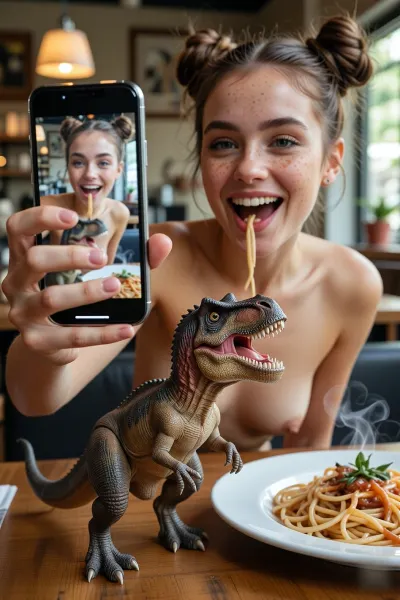 In this photorealistic image, a young woman in a cosy café is showing a selfie she has just taken on her smartphone screen. Her chestnut-brown hair is tied back into two high, tousled buns, (‘space buns’), with a straight parting, she has freckled skin and bright, expressive eyes, and she is laughing joyfully. She is wearing a cosy knitted jumper. In her hand she holds a modern smartphone, the screen of which faces the viewer. On the phone’s screen is a selfie taken a few seconds ago, in which the girl has captured herself and her pet — a small, toy-like Tyrannosaurus rex — at the very moment it snatched a few strands of spaghetti from her plate. In the scene unfolding right now before the viewer’s eyes, a white plate of spaghetti stands on a wooden table, and next to it a small grey-green Tyrannosaurus rex with its mouth open, a pink tongue and sharp teeth continues to eat calmly, a long strand of spaghetti hangs from its mouth, whilst the girl laughs, showing the viewer the selfie she has just taken. In the background is a cosy café with a lamp hanging from the ceiling, a framed picture on the wall and a large window on the right, through which daylight streams in, creating soft side lighting. The combination of warm lighting, high detail in the skin, freckles, the sweater’s knit, the dinosaur’s skin and the steam rising from the hot spaghetti, ‘live-action’ style, selfies, photorealism, high resolution