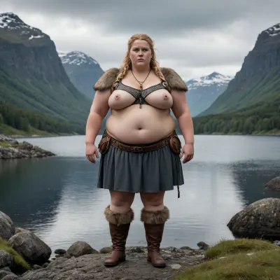 An extremely obese, very large and heavyset Scandinavian Viking woman warrior, with a clearly visible massive plus-size body and extremely broad, wide silhouette. She is morbidly obese, with a very large waist, wide hips, large arms, thick legs, and a massive body shape. Her extreme obesity must be clearly visible. She is a powerful, imposing obese warrior, not slim, not average weight, not athletic, not muscular.“extremely obese” + “massive plus-size body” + “morbidly obese”

Full body seen entirely, standing on the rocky shore of a dramatic Nordic fjord, looking toward the distant horizon.

Ancient Scandinavian landscape, steep mountains surrounding the fjord, dark cold water, dramatic Nordic sky, natural overcast light, subtle mist in the distance. No modern objects, no modern buildings, no fantasy elements. Historically accurate Viking Age atmosphere, archaeological authenticity.

She is nude, her massive obese body remains clearly visible.

Cinematic composition, professional historical photography, ultra-realistic, photorealistic, extremely detailed skin and fabric textures, natural body proportions, realistic anatomy, realistic lighting, atmospheric depth, documentary style, high-end professional photography, 8k, sharp focus, subtle filmic color grading.