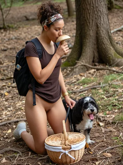A woman with curly brown hair tied up in a bun and wearing a patterned headband, a dark brown t-shirt, and is naked underneath, stands in a forest, holding a light-colored mushroom to her nose, smelling it. She wears a black backpack and a gold watch on her left wrist. A small black and white fluffy with its tongue out stands beside her, attached to a leash held by the woman. A wicker basket with a white cloth inside is on the ground near her feet.

The setting is a forest floor covered in dry leaves, twigs, and patches of green grass. A large tree trunk is visible in the background.

Natural, diffused daylight, casting soft shadows. The overall mood is calm and exploratory.

Medium shot, eye-level perspective, capturing the woman in the center, with the basket in the foreground.

Photorealistic, high detail, natural colors, sharp focus.