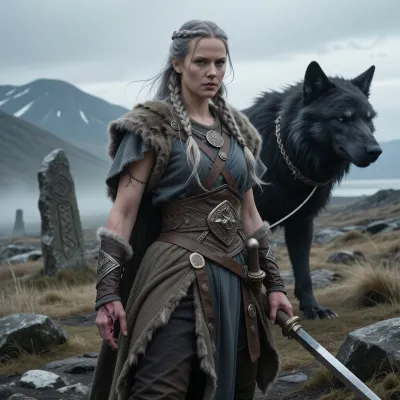 A cinematic, mythologically grounded genderbent depiction of Týr from Norse mythology as an unmistakably female Norse goddess of war, courage, justice, law, oaths, duty, and heroic sacrifice.

She is a tall, powerful, athletic Scandinavian woman with a stern noble face, fair weathered skin, long ash-blonde hair partly braided in historically inspired Norse fashion, and clear cold gray-blue eyes. Her expression is calm, disciplined, and fearless rather than aggressive — the expression of someone who understands the cost of duty and accepts it willingly.

Most importantly, she has only one hand. One arm ends below the wrist in an old, completely healed amputation, representing the hand sacrificed when the gods bound the great wolf Fenrir. The missing hand must be clearly visible and intentional, not hidden by framing or clothing. No gore, no fresh wound.

She stands upon a bleak rocky Scandinavian landscape beneath a cold overcast sky, with distant mountains, windswept grass, ancient standing stones, and low mist. Beside her or looming subtly in the background is Fenrir, an enormous mythological wolf with dark coarse fur and an intelligent, dangerous presence. The wolf should feel primordial and terrifying rather than monstrous or demonic.

Fenrir is restrained by Gleipnir, the impossibly thin magical binding forged by the dwarfs. Gleipnir should appear deceptively delicate — like a narrow silken ribbon or slender cord — contrasting dramatically with the colossal power of the wolf it restrains. Avoid conventional heavy chains.

Týr wears historically inspired Viking-age warrior clothing, layered wool and linen garments, weathered leather, practical fur, restrained bronze or iron fittings, a heavy cloak, and functional protection appropriate to a Norse warrior. Her equipment should look authentic, worn, and practical rather than like ornate high-fantasy armor. She carries a spear or sword in her remaining hand, held calmly rather than raised dramatically.

Subtle carved runes and ancient law-stones may appear within the landscape, emphasizing her association with oaths, lawful order, and sacred obligation. Her presence should convey absolute integrity, and controlled martial strength rather than bloodlust.

The central theme is sacrifice for the greater good, Týr knowingly surrendered her own hand so that Fenrir could be bound. Emphasize the contrast between the enormous dangerous wolf, the fragile-looking Gleipnir, and the composed one-handed goddess who paid the price for the gods’ deception.

Explicitly female incarnation of Týr, Norse mythology, heroic sacrifice, oath keeping, disciplined warrior goddess, ancient Scandinavian atmosphere, mythological realism, cinematic composition, realistic anatomy, realistic one-handed anatomy, detailed face, historically inspired textiles and equipment, natural materials, cold dramatic lighting, highly detailed, photorealistic.