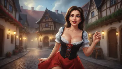 (one woman, mature 50 year old, brunette, sensual smile, red lips, small breasts, dancing sexy striptease), (wearing oktoberfest clothes, pulled down exposing breasts), (medieval german town, half-timbered houses with white walls and black roofs, people in background), evening, close view, (artwork, digital painting, fantasy art, loading screen art style), <lora:SDXLSamDoesArts:.1>, <lora:SumTim:.1>, <lora:Sinister_Style_SDXL:.1>