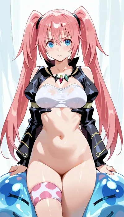Woman, Adult, character Milim Nava, (That Time I Got Reincarnated as a Slime), pink hair, blue eyes, milim, nava, white, crop, top, with, black, sleeves, nakedness, nude, <lora:milim_nava_v13_webui:1.1>