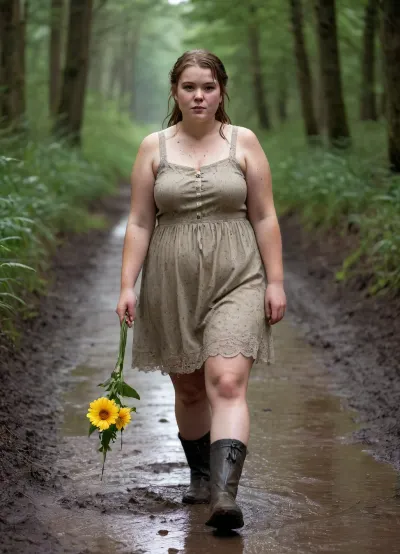 A chubby 18-year-old with a round face, freckles, and a flower-patterned lace summer dress, dripping wet. She is splattered with mud. She is playing in wellies in a muddy puddle on a muddy forest path
