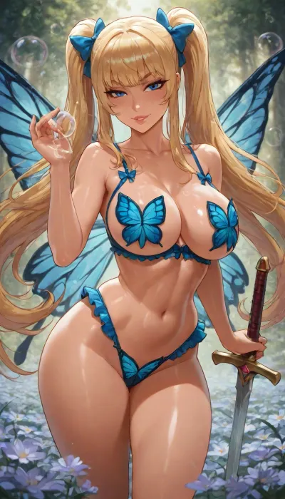 REIQ, BUBBLES, (BLUE), The sweet and sensitive, blonde hair, 2 pigtails, a blue ribbon in each of her pigtails, blue eyes, small tits, wearing a butterfly-themed lingerie set with wings, holding a sword, standing in a flower field, seductive expression, explicit, nsfw