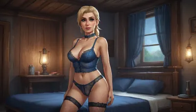 (one woman, Haelga from Skyrim, mature 50 year old, scandinavian, blonde medium hair with ponytail, medium breasts, curvy body), (wearing blue lace lingerie, garter belt, fishnets), (inside medieval wooden bedroom), (sexy provocative pose), close view, (artwork, digital painting, fantasy art, loading screen art style), <lora:SDXLSamDoesArts:.1>, <lora:SumTim:.1>, <lora:Sinister_Style_SDXL:.1>