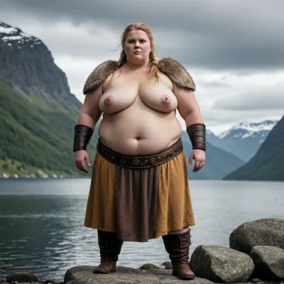 An extremely obese, very large and heavyset Scandinavian Viking woman warrior, with a clearly visible massive plus-size body and extremely broad, wide silhouette. She is morbidly obese, with a very large waist, wide hips, large arms, thick legs, and a massive body shape. Her extreme obesity must be clearly visible. She is a powerful, imposing obese warrior, not slim, not average weight, not athletic, not muscular.“extremely obese” + “massive plus-size body” + “morbidly obese” + “clearly visible despite clothing”

Full body seen entirely from behind, standing on the rocky shore of a dramatic Nordic fjord, looking toward the distant horizon.

Ancient Scandinavian landscape, steep mountains surrounding the fjord, dark cold water, dramatic Nordic sky, natural overcast light, subtle mist in the distance. No modern objects, no modern buildings, no fantasy elements. Historically accurate Viking Age atmosphere, archaeological authenticity.

She wears only a fur mini skirt and bra, but her massive obese body remains clearly visible. The bear pelt is worn as a mini skirt and mini bra and does not hide her large body shape. She wears historically accurate wool and linen clothing squizzing her extremely large body.

Cinematic composition, professional historical photography, ultra-realistic, photorealistic, extremely detailed skin and fabric textures, natural body proportions, realistic anatomy, realistic lighting, atmospheric depth, documentary style, high-end professional photography, 8k, sharp focus, subtle filmic color grading.