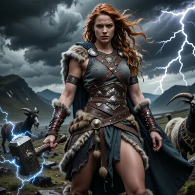 A powerful genderbent depiction of Thor as a woman from Norse mythology, portrayed as a divine female goddess of thunder, storms, strength, and protection. She stands in a dramatic Nordic landscape during a raging storm, with dark clouds, lightning, wind, and distant mountains. She is tall, broad-shouldered, muscular, and strikingly beautiful, with long wild red hair whipping in the wind, a fierce determined expression, and an overwhelming aura of divine power. She wears historically inspired Norse warrior clothing, layered wool, leather, fur, arm rings, a heavy cloak, and richly detailed Viking-age garments that look practical, noble, and battle-worn. In one hand she wields Mjölnir, the legendary hammer, crackling with lightning and divine energy. Her presence should feel heroic, mythic, and elemental, as if she commands the storm itself. Optional subtle references to Thor’s mythic identity may include goats associated with her chariot, runic motifs, or thunder rolling across the sky. Emphasize that she is unmistakably female while still clearly identifiable as Thor through Mjölnir, storm imagery, red hair, and Norse divine warrior presence. Cinematic composition, realistic anatomy, realistic hands, detailed face, dramatic lighting, mythological realism, epic scale, highly detailed, sacred storm atmosphere.