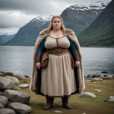 An extremely obese, very large and heavyset Scandinavian Viking woman warrior, with a clearly visible massive plus-size body and extremely broad, wide silhouette. She is morbidly obese, with a very large waist, wide hips, large arms, thick legs, and a massive body shape. Her extreme obesity must be clearly visible despite her clothing and fur garments. She is a powerful, imposing obese warrior, not slim, not average weight, not athletic, not muscular.“extremely obese” + “massive plus-size body” + “morbidly obese” + “clearly visible despite clothing”

Full body seen entirely from behind, standing on the rocky shore of a dramatic Nordic fjord, looking toward the distant horizon.

Ancient Scandinavian landscape, steep mountains surrounding the fjord, dark cold water, dramatic Nordic sky, natural overcast light, subtle mist in the distance. No modern objects, no modern buildings, no fantasy elements. Historically accurate Viking Age atmosphere, archaeological authenticity, realistic clothing construction and materials.

She wears an authentic Viking Age bear pelt over her shoulders, but her massive obese body remains clearly visible. The bear pelt is worn as a short shoulder mantle and does not hide her large body shape. She wears historically accurate wool and linen clothing fitted to her extremely large body.

Cinematic composition, professional historical photography, ultra-realistic, photorealistic, extremely detailed skin and fabric textures, natural body proportions, realistic anatomy, realistic lighting, atmospheric depth, documentary style, high-end professional photography, 8k, sharp focus, subtle filmic color grading.