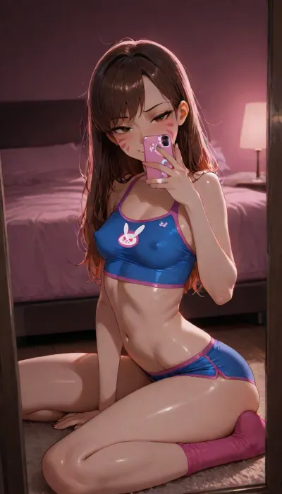 (Mirror selfie), Full body shot, from side, (d.va from overwatch), (solo), 18yo, (slutty:1.3), (small body), (slim:1.5), naked, (flat stomach), (glistening skin), (blue cropped top), (blue sport mini shorts), (pink long socks), medium small breasts, round breasts, erected nipples, messy hair, (naughty face), (sexy:1.5), (sitting on floor, legs apart), (gamer bedroom:1.3), (warm pink lighting), (night time), 4ng3l, face, green, eyes, blue, brown, perfecteyes, raw, lighting, overexposed, harsh, flash, <lora:SDXL_BetterFaces-LoRA_v1:.8>, <lora:add-detail-xl:.8>, <lora:PerfectEyesXL:.8>, <lora:Rawfully Stylish v0.2_epoch_20:.8>, <lora:dark:.1>