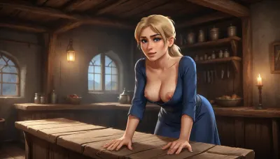 (Haelga from Skyrim, mature 50 year old, scandinavian, blonde medium hair ponytail, small breasts, seductive face), (inside medieval wooden shop without windows), (medieval blue dress), (standing behind a long wide wooden counter, bending down towards counter), closeup front view, (artwork, digital painting, fantasy art, loading screen art style), downblouse, nipslip, <lora:SDXLSamDoesArts:.1>, <lora:SumTim:.1>, <lora:Sinister_Style_SDXL:.1>, <lora:RealDownblouseXL2:.5>