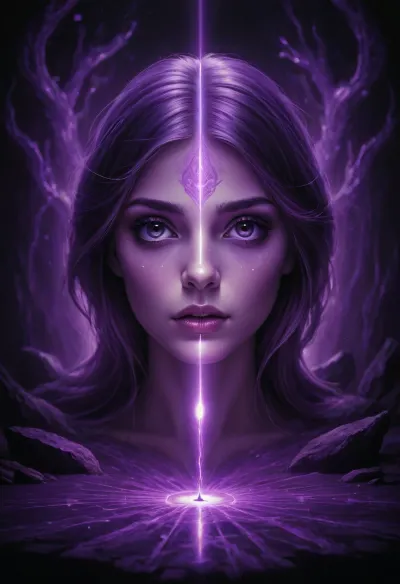 inkwork, dark whimsical fantasy, mysterious illustration, purple laserlight-painting