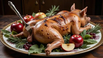 Crispy roasted suckling pig on gold-rimmed platter with garnish