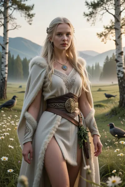 A cinematic, mythologically grounded genderbent depiction of Baldr from Norse mythology as an unmistakably female Norse goddess of light, beauty, purity, peace, and divine grace. She stands in a serene Nordic landscape during the soft golden light of early morning, surrounded by pale wildflowers, silver birch, green meadows, and distant mist-covered mountains. The atmosphere feels sacred, calm, luminous, and almost untouched by violence.

She is a breathtakingly beautiful young woman with a graceful athletic build, fair Nordic skin, long pale golden-blonde hair, clear light-colored eyes, and a serene compassionate expression. Her beauty should feel divine and radiant rather than glamorous or seductive, as though natural light itself gathers around her.

She wears elegant historically inspired Norse clothing made from finely woven pale wool, linen, soft leather, and subtle fur trim, decorated with delicate Scandinavian embroidery and restrained gold or bronze ornaments. Her garments are noble and ceremonial without resembling modern fantasy armor. A light cloak moves gently in the breeze.

A soft natural radiance surrounds her, illuminating the nearby grass and flowers without becoming an exaggerated magical glow. Birds and woodland animals remain calm in her presence, reinforcing her association with peace and universal love among the gods. Her posture is open, composed, and quietly regal.

Include a very subtle symbolic reference to her fate, a small sprig of mistletoe growing nearby or held unobtrusively within the composition, easy to overlook at first glance, creating a faint sense of tragedy beneath the otherwise peaceful image. It should never dominate the scene.

Emphasize that this is explicitly a female incarnation of Baldr while preserving the deity’s associations with beauty, goodness, innocence, light, harmony, and tragic destiny. Norse mythology, ancient Scandinavian atmosphere, mythological realism, cinematic composition, soft natural lighting, realistic anatomy, realistic hands, detailed face, historically inspired textiles and jewelry, subtle divine radiance, highly detailed, photorealistic.