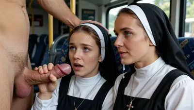 Two nuns, one aged 18 and the other 30, are sitting on a bus. A man is standing near them. They are looking at his large, erect cock., (The 14-year-old nun—youthful, very cute, and innocent—is wearing her habit, a white blouse with a simple black pinafore, and a crucifix around her neck, she appears slightly embarrassed yet intrigued and sexually aroused, gently brushing the head of the penis with her fingertips while staring at the man's crotch with her large blue eyes.), (The 30-year-old nun—pretty, wearing her habit and a crucifix—touches the man's penis, wrapping her hand entirely around it, looking satisfied, she stares at the man's crotch with her large hazel eyes.), A drop of semen beads at the tip of the glans. A few drops of semen trickle from the corner of the 30-year-old nun's mouth., (The man caresses the 30-year-old nun's head.)