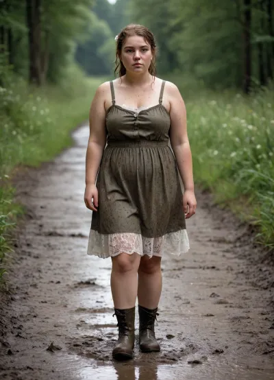 A chubby 18-year-old with a round face, freckles, and a flower-patterned lace summer dress, dripping wet. She is splattered with mud. She is playing in wellies in a muddy puddle on a muddy forest path
