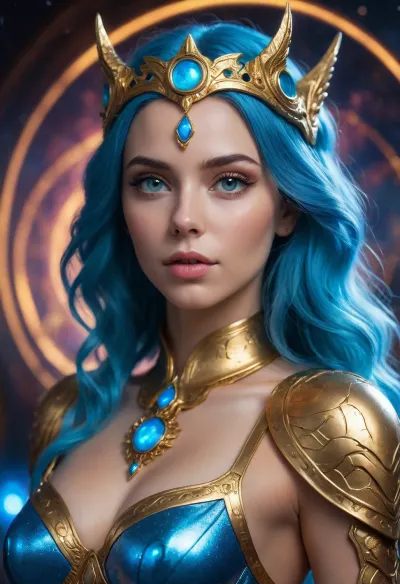 masterpiece, (best quality), (4k, 8k, ultra detailed, hyperrealistic), vibrant, detailed, intricate details, ((beautiful celestial woman)), goddess, cosmic, flowing wavy hair, ethereal, glowing skin, (deep blue eyes:1.1), (iridescent hair:1.2), ethereal glow, (glowing blue light:1.3), dynamic lighting, volumetric light, rim lighting, (magical aura:1.2), (celestial patterns:1.1), (glowing cosmic circle in background:1.3), astronomical backdrop, stars, constellations, cosmic dust, nebulae, (ornate golden headpiece), golden jewelry, intricate armor, futuristic fantasy, galactic theme, majestic, strong gaze, confident pose, (upper body shot), dark background, studio lighting, highly detailed face, defined facial features, perfect eyes, defined lips, soft shadows, sharp focus, octane render, unreal engine 5, digital painting, photorealism, deep depth of field, Rainbowiridal, Spiral, rainbowiridal, eyes, palette, Shiny..., Bright..., Intense, gaze, Fire, dragon, Amber, cat, Anthro..., woman, Genetically, modified..., <lora:Stunning_eyes_2:.8>